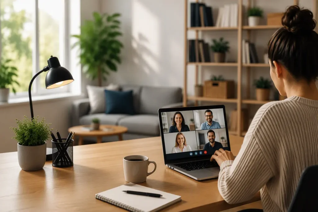 Frau arbeitet im Homeoffice, hybrides Arbeiten