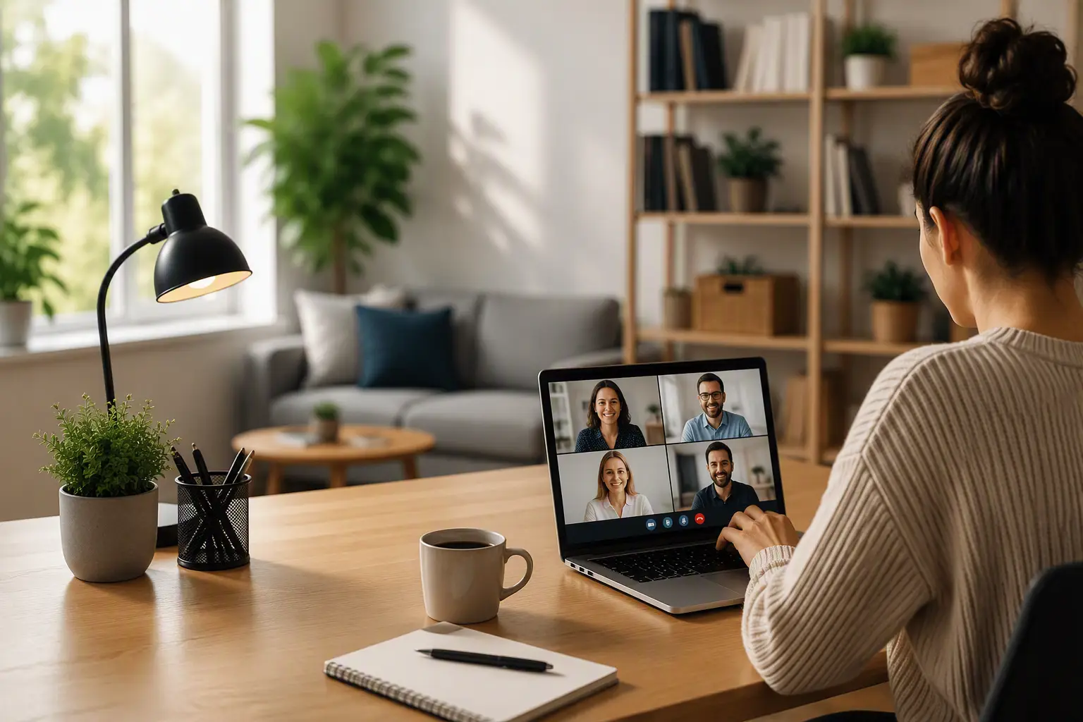 Frau arbeitet im Homeoffice, hybrides Arbeiten